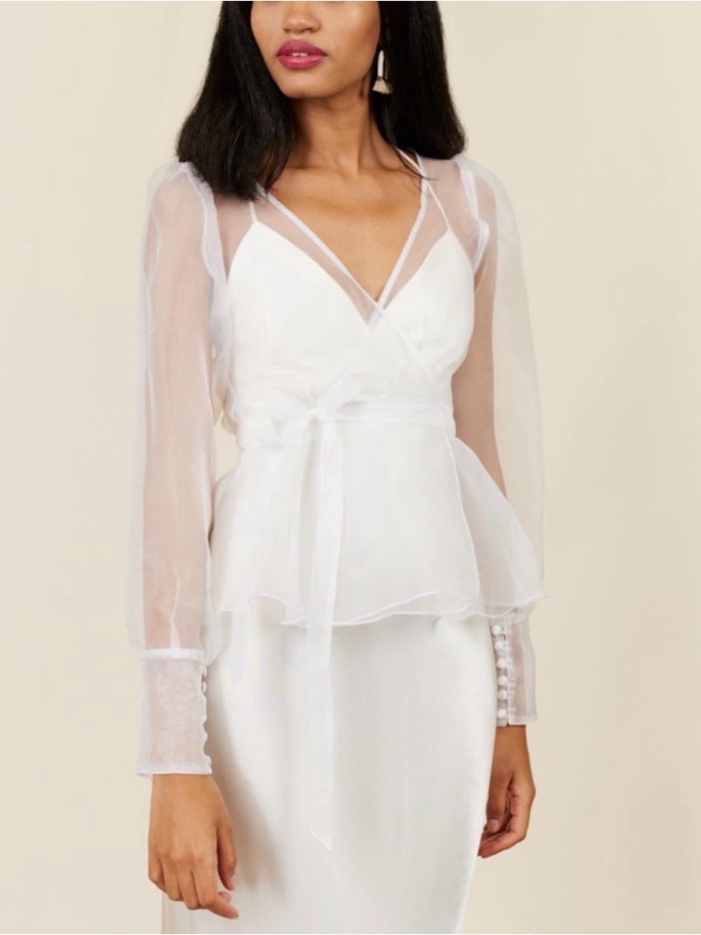 Park & Fifth Sheer White Organza Tie-Front Wrap Top
